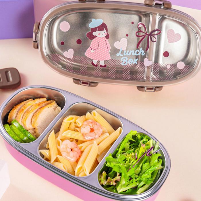 萌趣分格/三格不锈钢饭盒(带餐具)